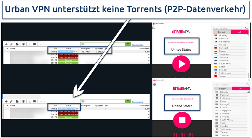 Screenshot of the torrenting client not working with Urban VPN