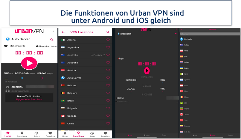 Screenshots of Urban VPN UI on Android and iOS