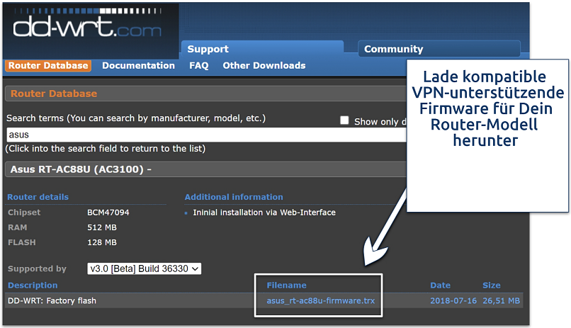 Screenshot showing DD-WRT firmware for Asus