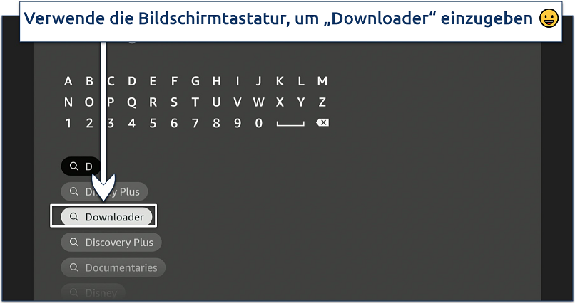 Screenshot showing how to search for the Downloader app