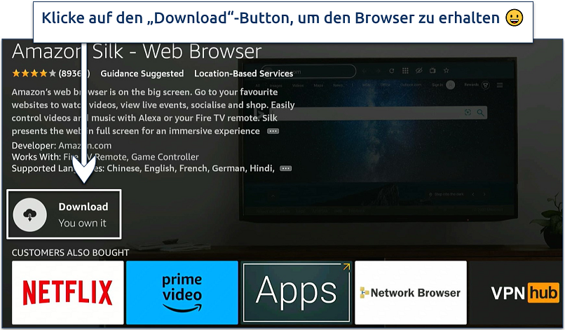 Screenshot, der zeigt, wie man den Silk-Browser auf dem Fire TV Stick installiert
