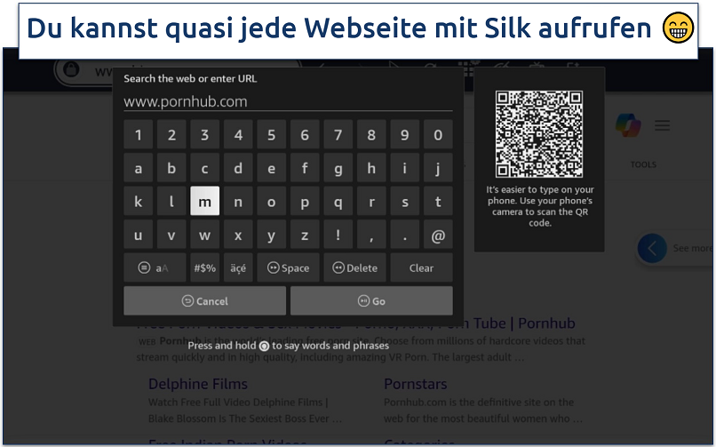 Screenshot, der zeigt, wie man eine Webadresse in Silk eingibt