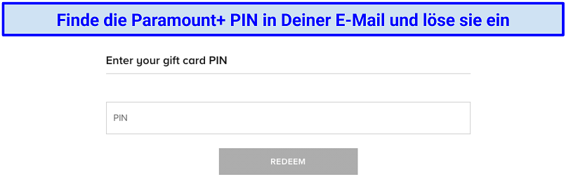 a screenshot of Paramount+ gift card PIN redeem page