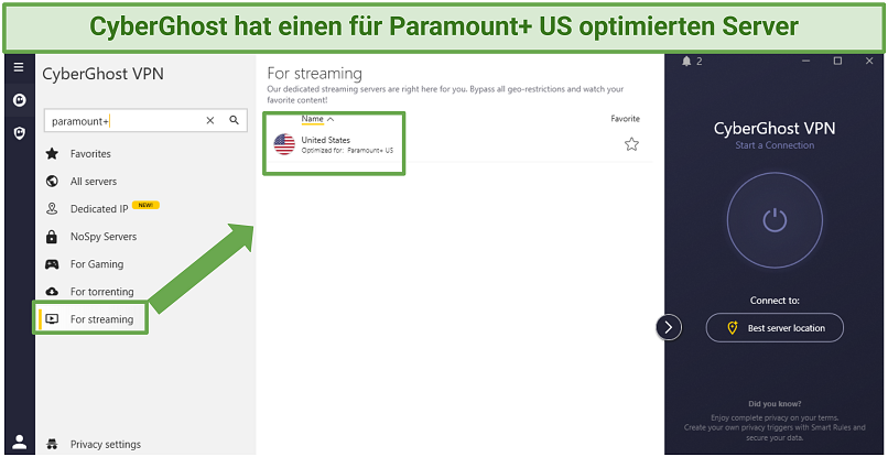 a screenshot of CyberGhost's streaming-optimized server for Paramount+