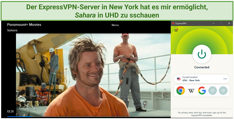 a screenshot of a movie on Paramount+, with ExpressVPN connected