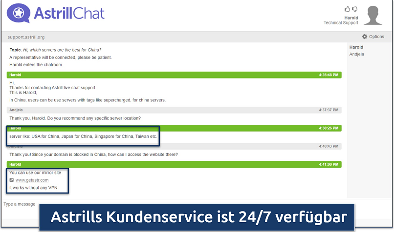 Screenshot of a conversation with Astrill live chat support regarding VPN use in China