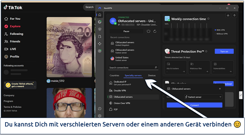 Screenshot der Entdecken-Seite von TikTok mit verbundenem NordVPN auf einem verschleierten Server in Großbritannien