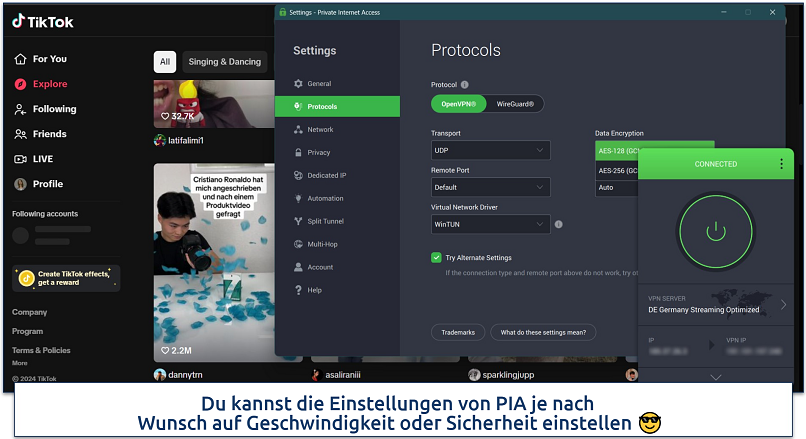 Screenshot der Entdecken-Seite von TikTok mit PIA, verbunden mit Deutschland