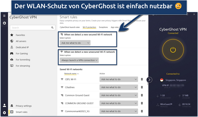 Screenshot of the CyberGhost windows app with its WiFi Protection settings