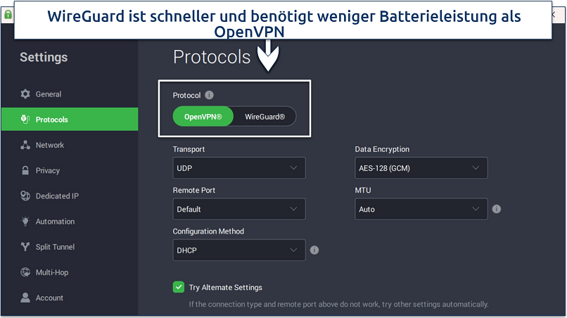 Screenshot of the PIA Windows app with its Protocols settings page