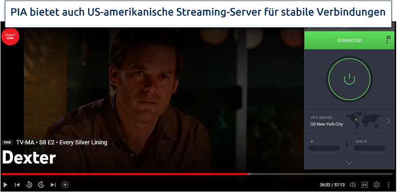 Screenshot von der Dexter-Serie auf YouTube TV, mit PIA verbunden mit einem US-Server in New York