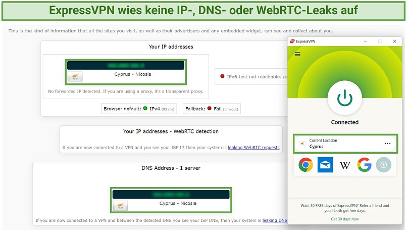 A screenshot of a leak test result using ExpressVPN's server in Cyprus, showing no IP, WebRTC, and DNS leaks were detected