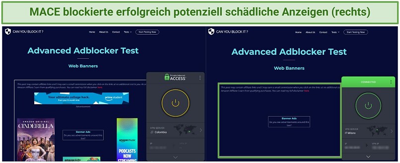 2 screenshots of an advanced ad blocker test results showing how PIA successfully blocked pop up ads