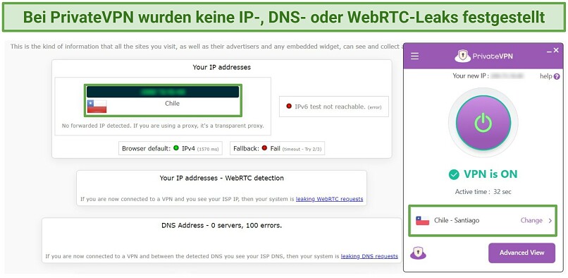 No IP, WebRTC, and DNS leaks were detected on PrivateVPN's servers in Chile