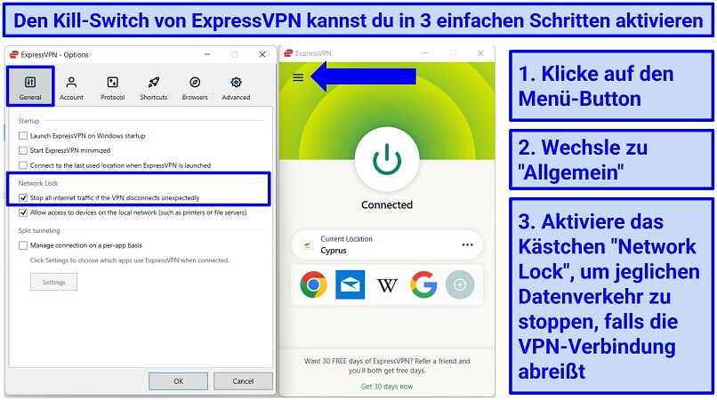 A screenshot of instructions to enable the kill switch feature on ExpressVPN