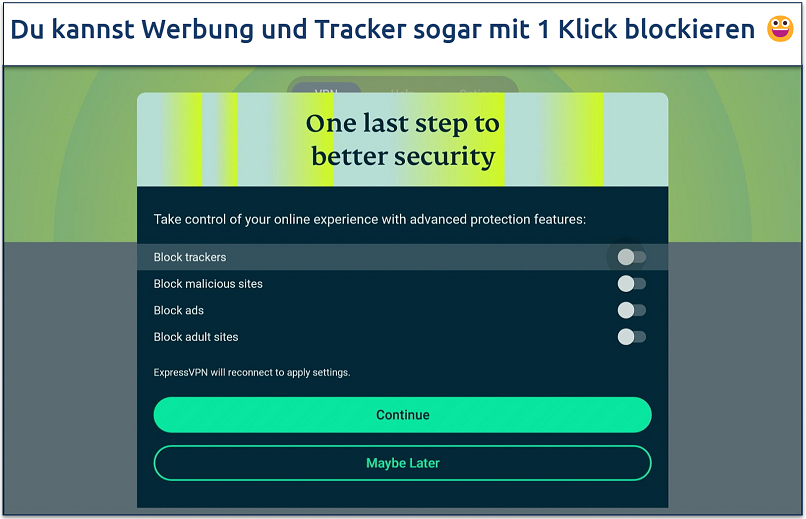 Screenshot showing ExpressVPN's advanced protection features on its Firestick app