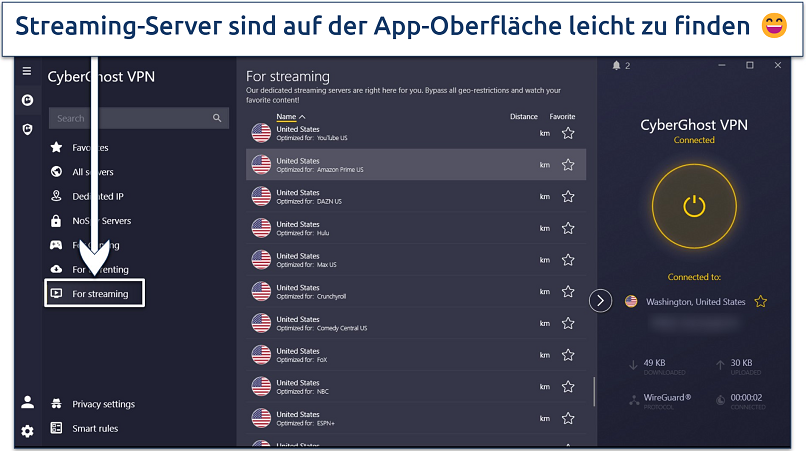 Screenshot displaying CyberGhost's Windows app with streaming servers highlighted