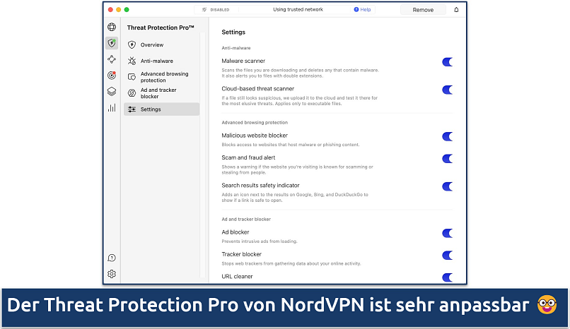 Screenshot showing the settings for NordVPN's Threat Protection Pro