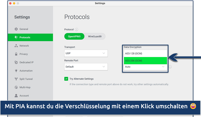 Screenshot showing the Protocols panel in PIA's Settings