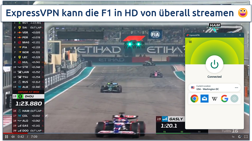 Streaming F1 Abu Dhabi Grand Prix race with ExpressVPN connected to the US