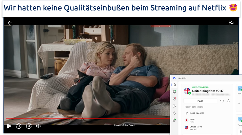 screenshot showing Shaun of the Dead streaming on Netflix with NordVPN connected