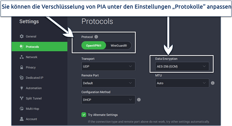 Screenshot showing protocol settings of PIA on Windows app interface