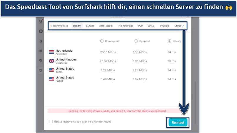 screenshot showing the speedtest feature of Surfshark in its Windows app