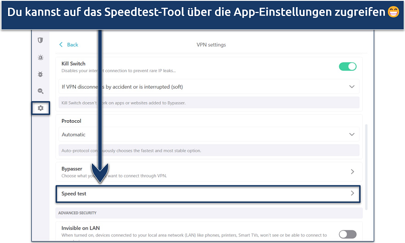 Screenshot showing how to access Surfshark's speed test tool