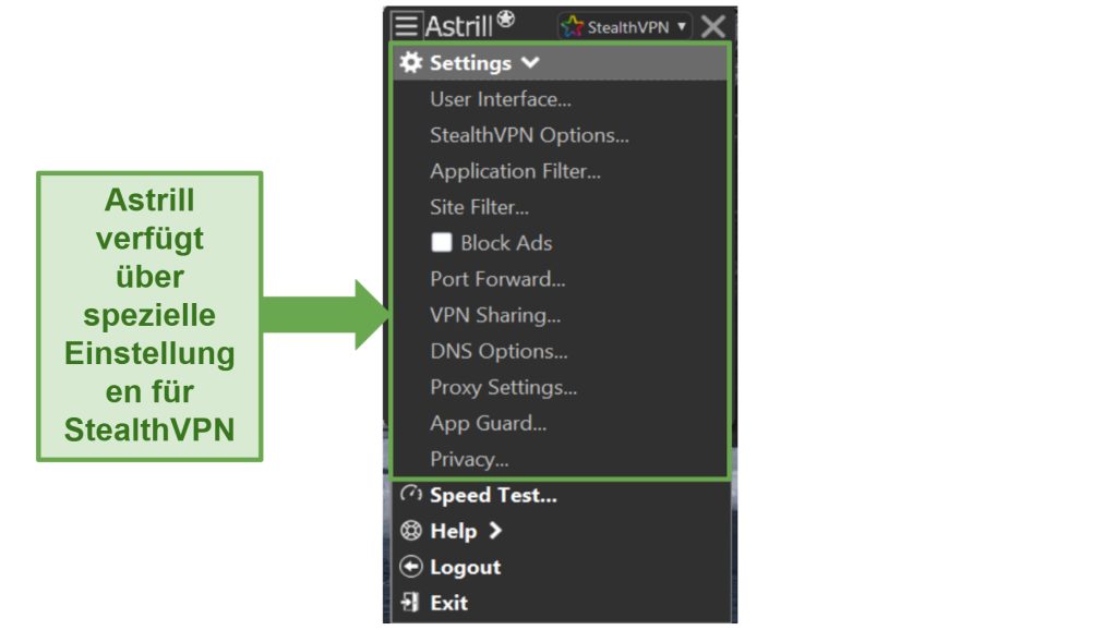 AstrillVPN's customization options for StealthVPN