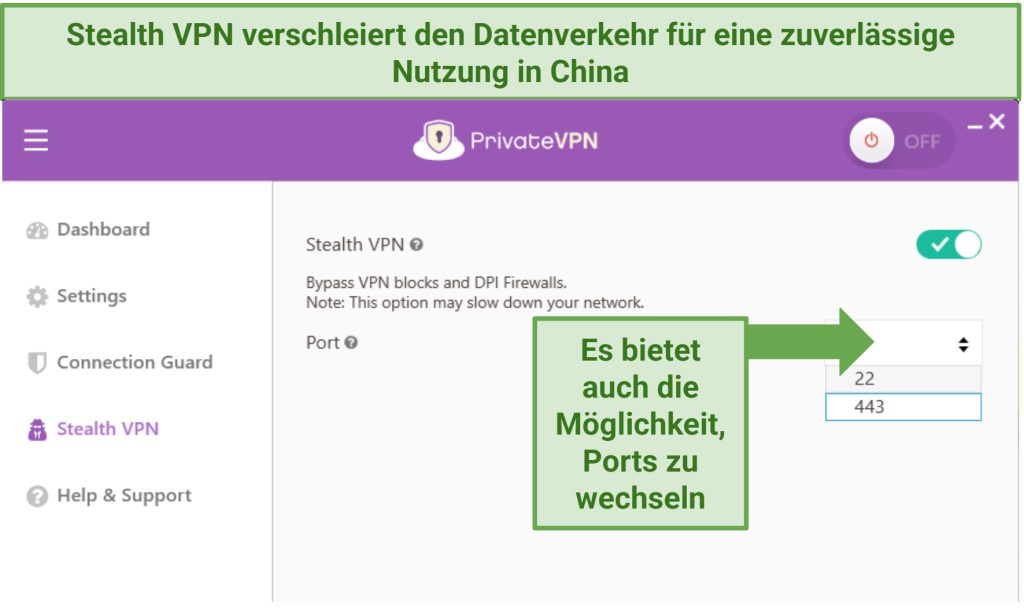 PrivateVPN app displaying Stealth VPN and different port options