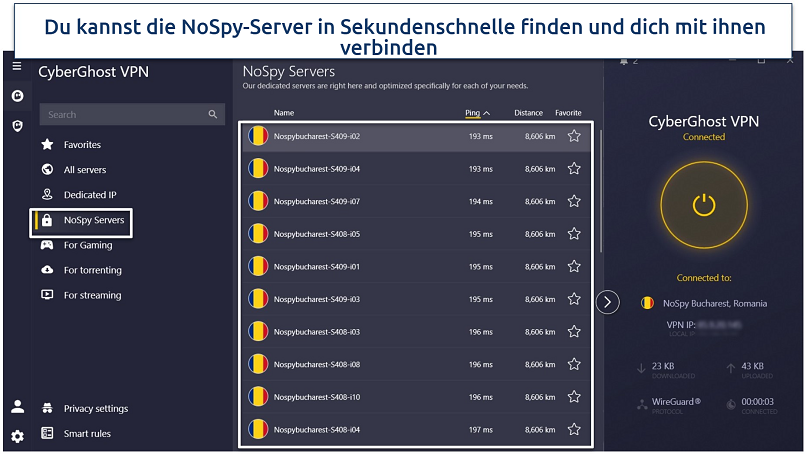 A screenshot of the CyberGhost Windows app with its NoSpy servers highlighted.