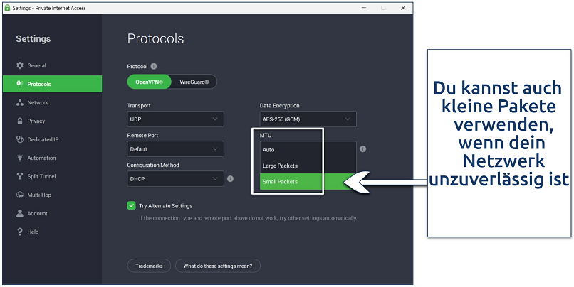 A screenshot the PIA's protocol settings page on Windows with the MTU packet size dropdown highlighted.