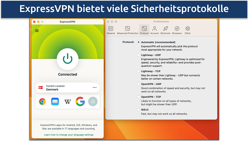 Screenshot of the protocol list in the ExpressVPN's settings