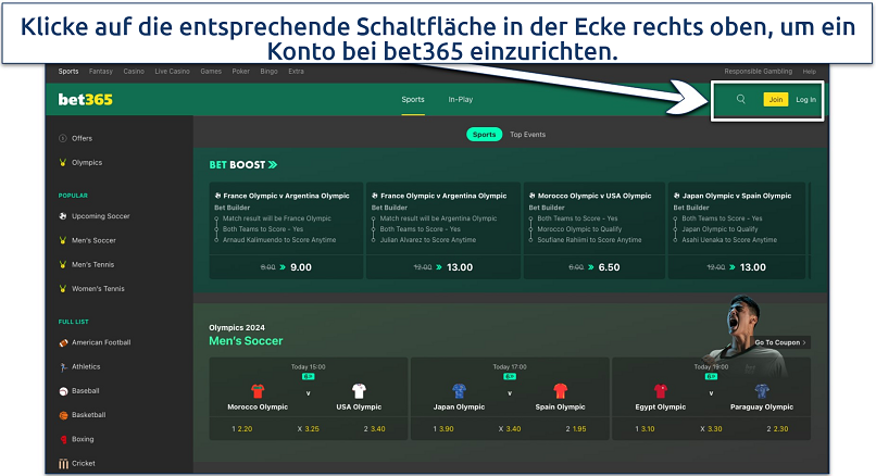 Screenshot of the bet365 platform home page