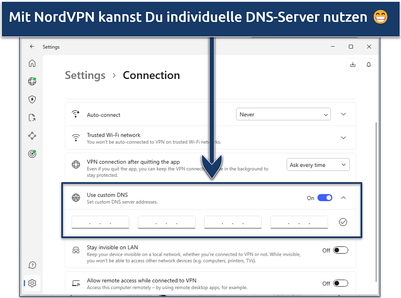 Screenshot showing how to change DNS server address on the NordVPN Windows app