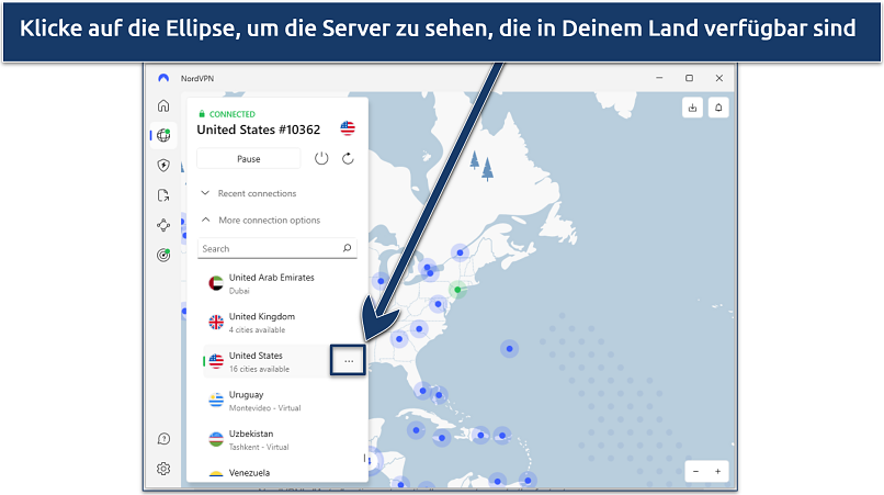 Screenshot showing how to find different servers on the NordVPN app