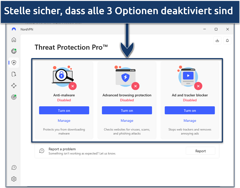 Screenshot showing how to turn off Threat Protection Pro on the NordVPN Windows app