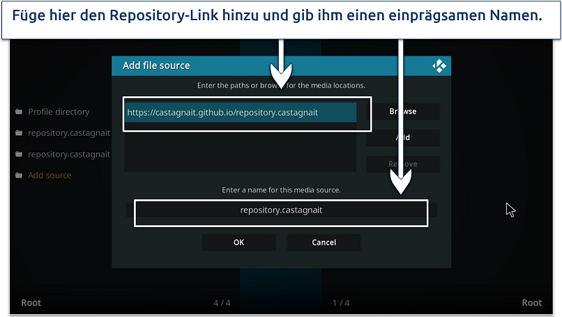 Screenshot, der zeigt, wie man auf Kodi eine Dateiquelle hinzufügt und ihr einen Namen gibt