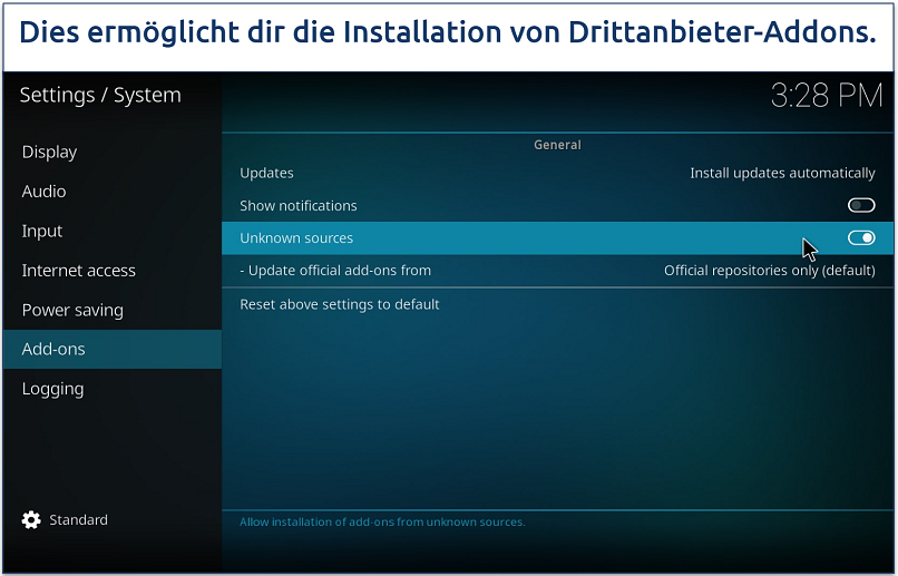 Screenshot, der die Addon-Einstellungsseite von Kodi zeigt