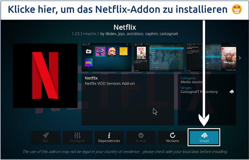 Screenshot, der zeigt, wie man das Netflix-Addon aus dem CastagnaIT-Repository auf Kodi installiert