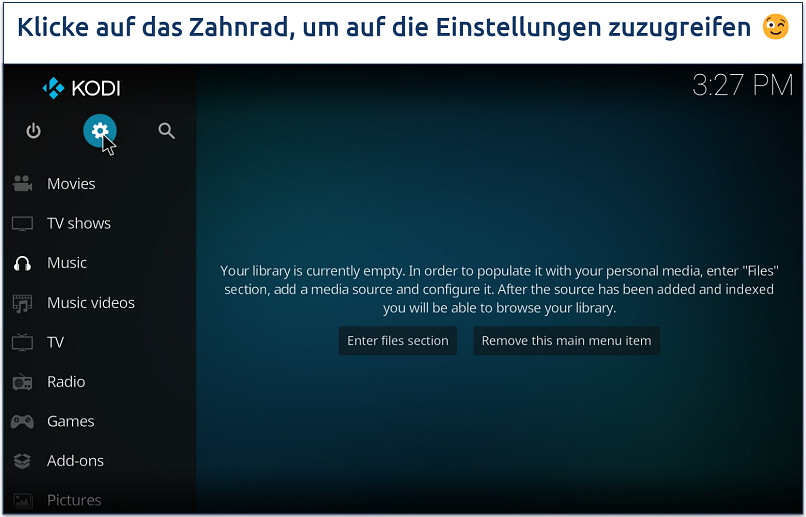 Screenshot, der die Kodi-Startseite zeigt