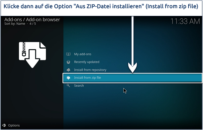 Screenshot, der die Addon-Installationsmöglichkeiten auf Kodi zeigt