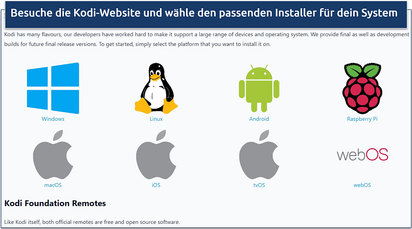 Screenshot eines Teils der Download-Seite der Kodi-Website
