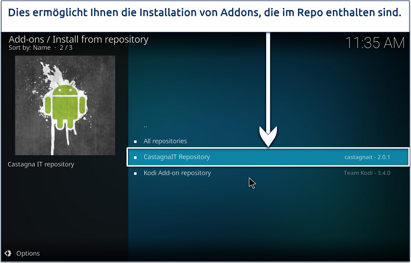 Screenshot, der alle auf Kodi installierten Repositories zeigt