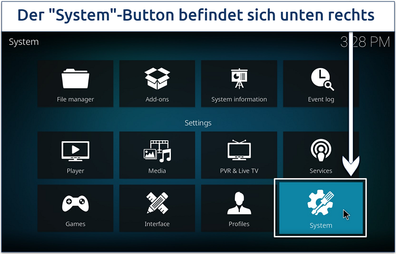 Screenshot, der die Hauptkonfigurationsseite von Kodi zeigt
