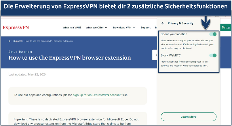 Screenshot der Chrome-Browser-Erweiterung von ExpressVPN, der seinen Reiter für Datenschutz & Sicherheit hervorhebt