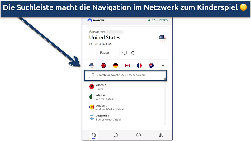 Screenshot der Chrome-Erweiterung von NordVPN, die ihre Serverliste anzeigt