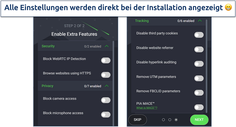 Screenshot von PIAs Chrome-Browser-Erweiterung mit deren Zusatzfunktionen