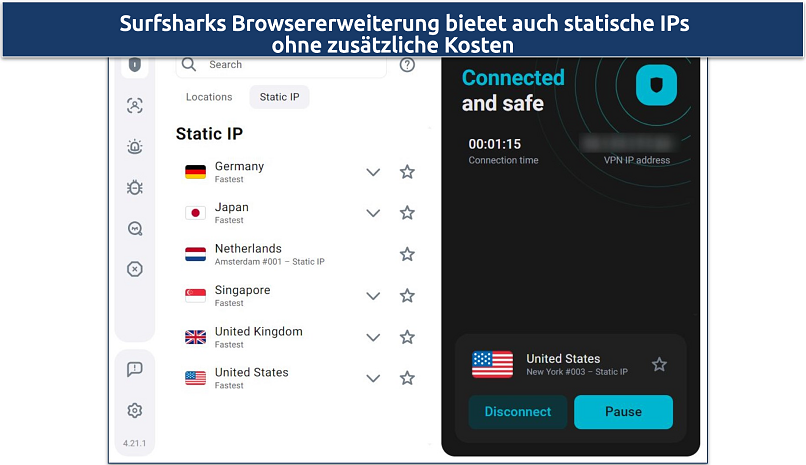 Screenshot der Chrome-Erweiterung von Surfshark, die mit einer statischen IP in New York verbunden ist