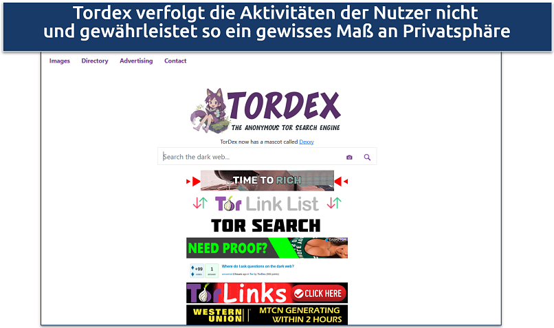 Screenshot of the TorDex search engine